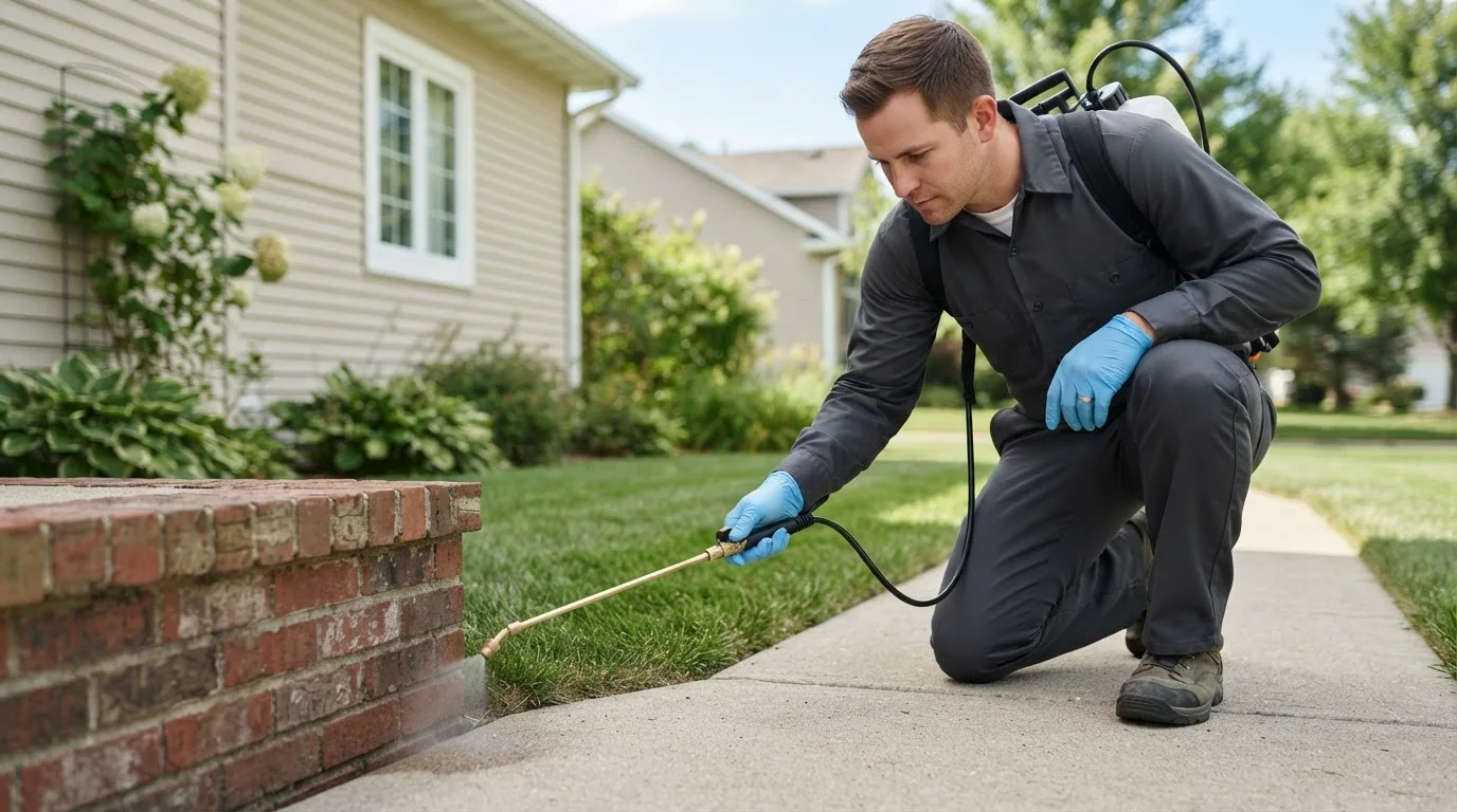 Pest control technician treating a home near Hanley Falls, MN